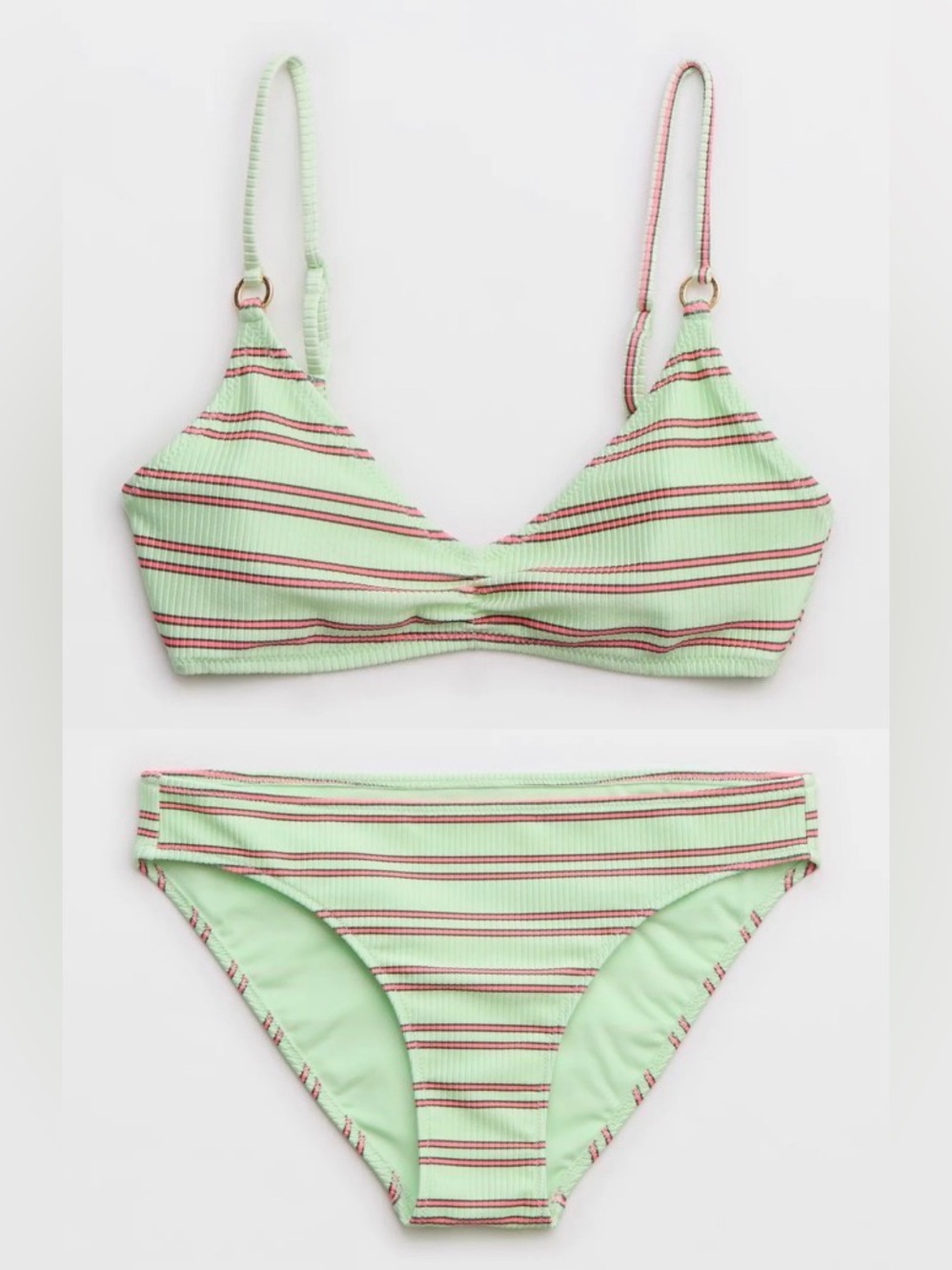 NWT Aerie FULL SET Beach Babe Shine Rib Voop Top + Full Coverage Bottom in Green